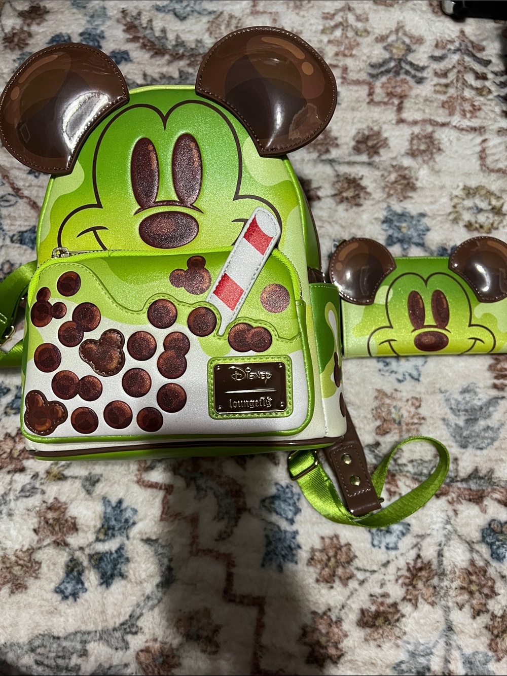 Disney Loungefly Green Mickey Mouse Boba Mini Backpack and matching Wallet